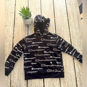 Boys Champion Black Hoodie with Logo Print, Size Medium